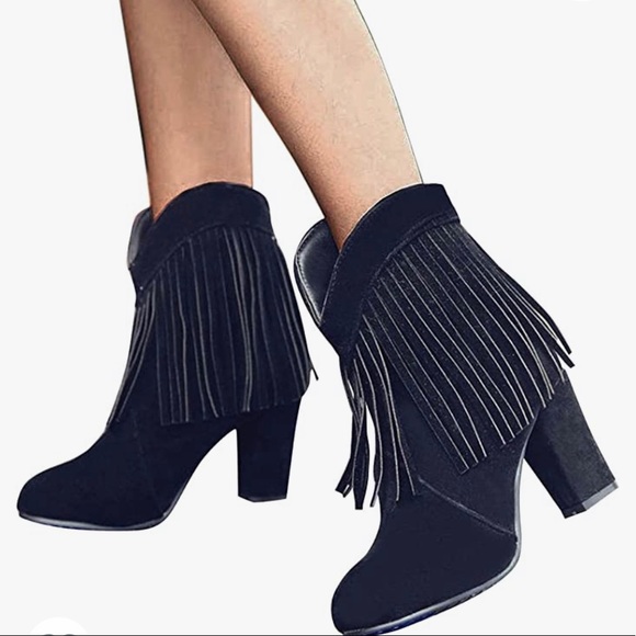 Black Fringe Block Heel Booties. - Picture 6 of 8